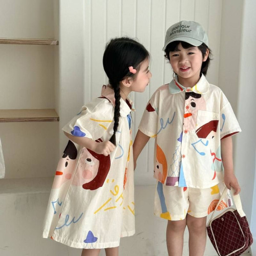兄妹裝兒童夏季純棉襯衫套裝男女童親子裝韓版洋氣海邊度假襯衫裙