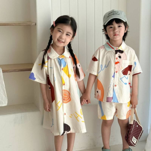 兄妹裝兒童夏季純棉襯衫套裝男女童親子裝韓版洋氣海邊度假襯衫裙
