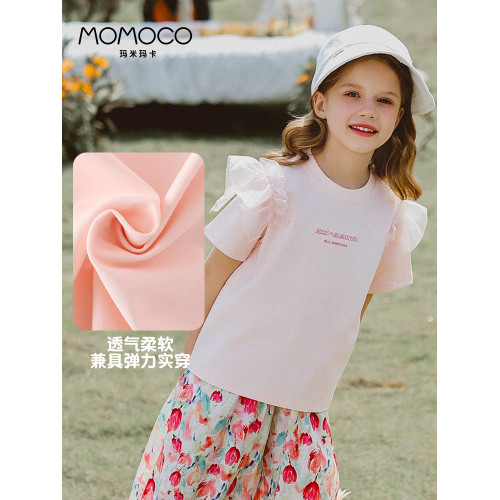 MOMOCO/瑪米瑪卡女童短袖t恤2025夏季新款兒童網紗甜美花邊袖上衣