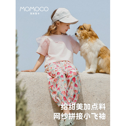 MOMOCO/瑪米瑪卡女童短袖t恤2025夏季新款兒童網紗甜美花邊袖上衣