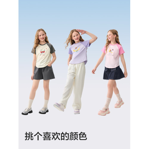 巴拉巴拉兒童短袖女童t恤2025新款夏裝大童撞色印花上衣速乾涼感