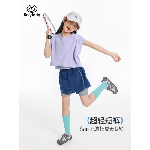 半度閒女童夏裝薄款假兩件褲子洋氣2025新款兒童夏季運動褲短褲潮