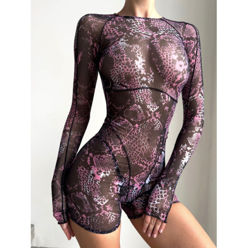 Sexy mesh printed see through jumpsuit性感網紗印花透視連體衣