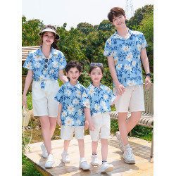親子裝2025新款夏季襯衫沙灘海邊度假風一家三口四口套裝母子母女