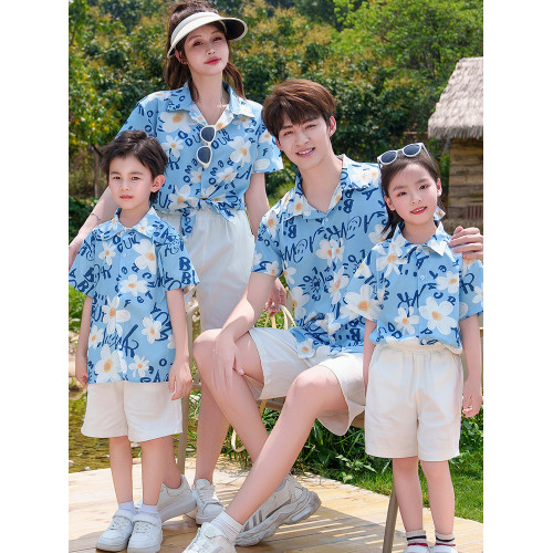 親子裝2025新款夏季襯衫沙灘海邊度假風一家三口四口套裝母子母女