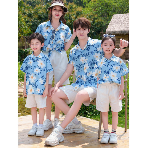 親子裝2025新款夏季襯衫沙灘海邊度假風一家三口四口套裝母子母女