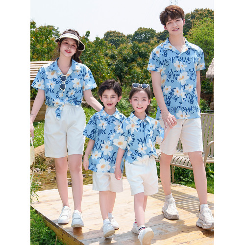 親子裝2025新款夏季襯衫沙灘海邊度假風一家三口四口套裝母子母女