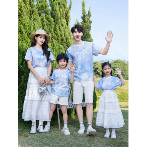洋氣親子裝一家三口四口2026夏季新款唯美蛋糕母女裙休閒T恤套裝