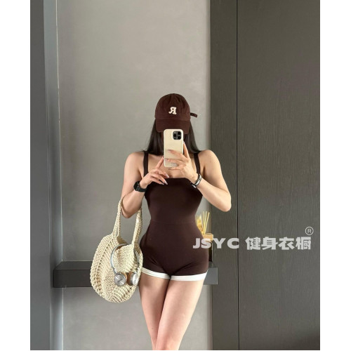 美式】撞色雲感連體衣女鏤空美背寬肩帶瑜伽服運動跑步健身連體服