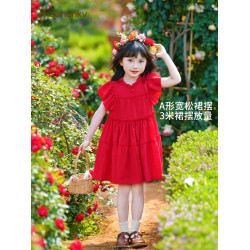 丟手絹女童紅色連衣裙天絲度假風萊賽爾兒童裙子公主夏法式木耳邊