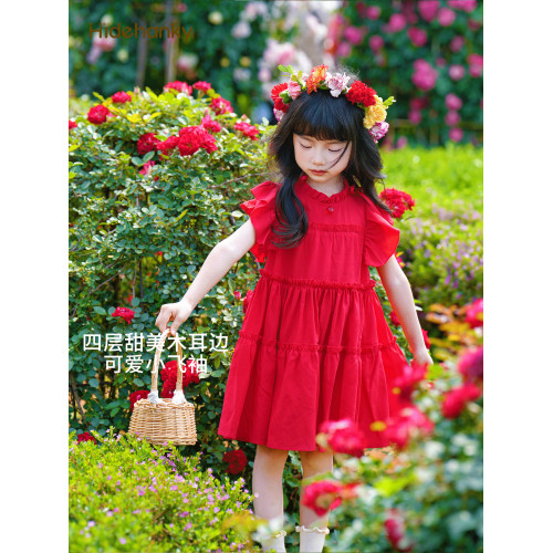 丟手絹女童紅色連衣裙天絲度假風萊賽爾兒童裙子公主夏法式木耳邊