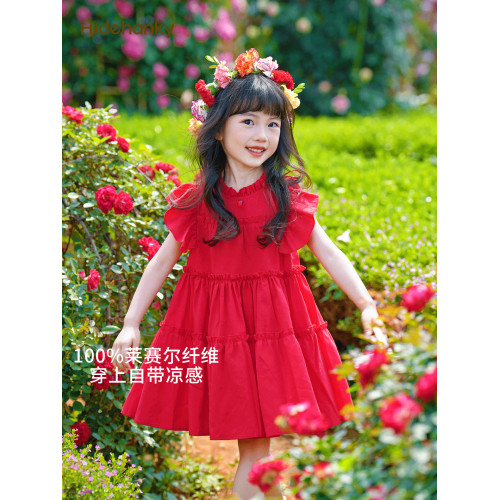 丟手絹女童紅色連衣裙天絲度假風萊賽爾兒童裙子公主夏法式木耳邊