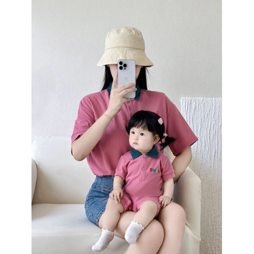 親子裝一家三口百天周嵗宴小月齡連體衣高級感母女母子全家裝短袖