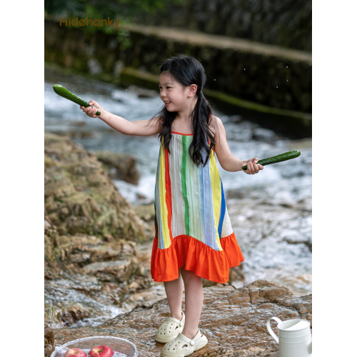 丟手絹大童裝女童彩虹吊帶連衣裙法式度假風裙子多巴胺海邊沙灘裙