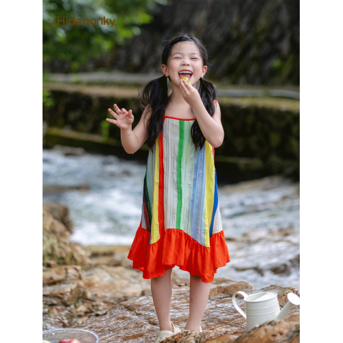 丟手絹大童裝女童彩虹吊帶連衣裙法式度假風裙子多巴胺海邊沙灘裙