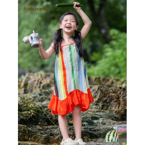 丟手絹大童裝女童彩虹吊帶連衣裙法式度假風裙子多巴胺海邊沙灘裙