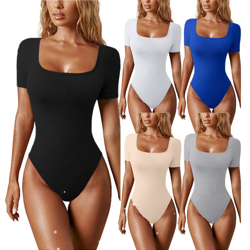 sexy high waist lace up slim bodysuit 純色短袖緊身連體衣2024