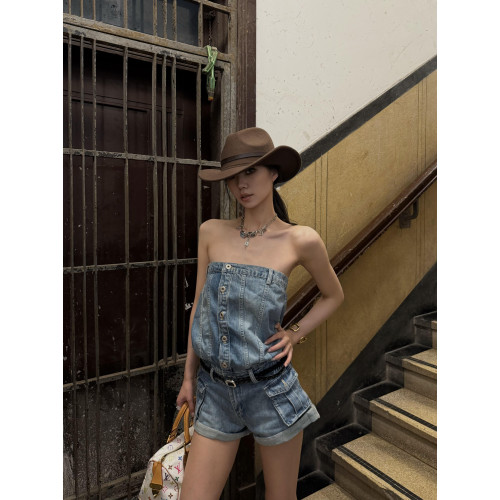 美式辣妹藍色牛仔抹胸連體衣女夏季新款性感修身連體褲連身短褲