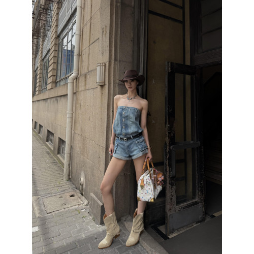 美式辣妹藍色牛仔抹胸連體衣女夏季新款性感修身連體褲連身短褲