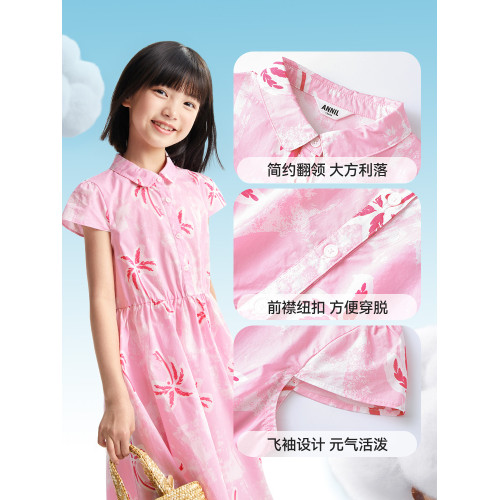 安奈兒童裝女童短袖連衣裙2025夏新款清新純棉印花甜美碎花裙子