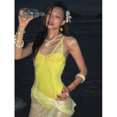 歐美風夏日甜辣性感黃色蕾絲拼接吊帶連體衣純欲海邊遊玩連體上衣