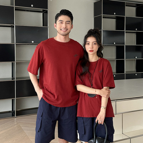 親子裝短袖夏季一家三四口棗紅色字母半袖母女裝Tt恤上衣家庭裝潮