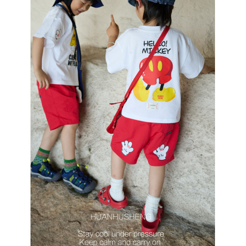 HUANHUSHENG兒童卡通短袖T恤男女童夏季純棉上衣幼兒園親子裝百搭