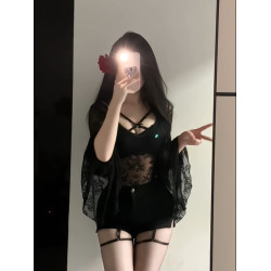 巨顯身材很辣~辣妹性感喇叭袖蕾絲連體衣內搭吊帶背心短褲套裝女