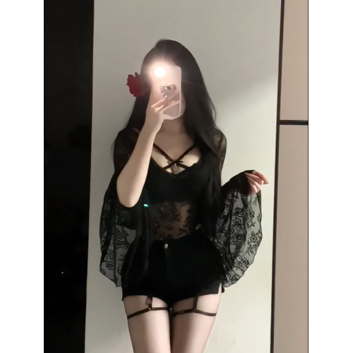巨顯身材很辣~辣妹性感喇叭袖蕾絲連體衣內搭吊帶背心短褲套裝女