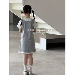波拉韓女童夏季連衣裙女孩假兩件拼接裙2025新款夏天短袖T恤裙子