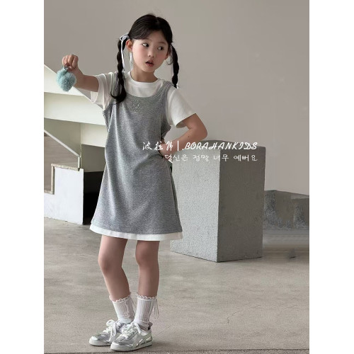 波拉韓女童夏季連衣裙女孩假兩件拼接裙2025新款夏天短袖T恤裙子