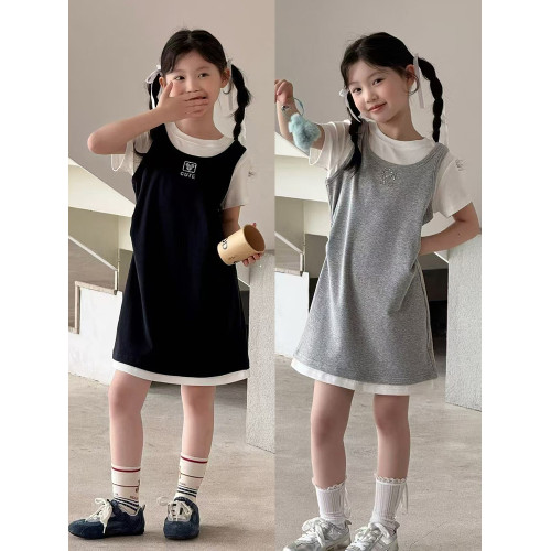 波拉韓女童夏季連衣裙女孩假兩件拼接裙2025新款夏天短袖T恤裙子