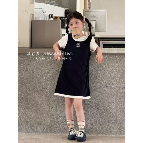 波拉韓女童夏季連衣裙女孩假兩件拼接裙2025新款夏天短袖T恤裙子