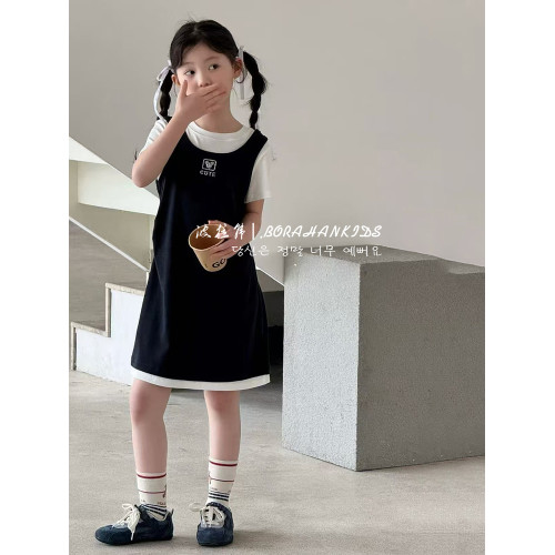 波拉韓女童夏季連衣裙女孩假兩件拼接裙2025新款夏天短袖T恤裙子