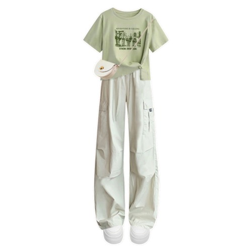 超火的女童純棉短袖超好看綠色t恤套裝2026夏裝新款中大童工裝褲