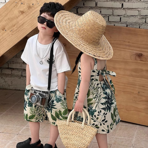 沙灘度假親子裝海邊新款夏季一家三四口母女沙灘裙t恤套裝全家裝