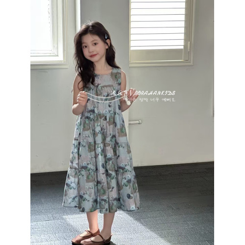 波拉韓女童碎花裙兒童夏季連衣裙2025新款小女孩海邊沙灘裙背心裙