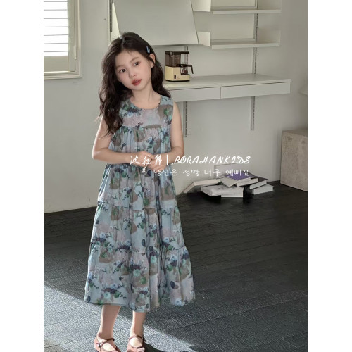 波拉韓女童碎花裙兒童夏季連衣裙2025新款小女孩海邊沙灘裙背心裙