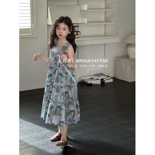 波拉韓女童碎花裙兒童夏季連衣裙2025新款小女孩海邊沙灘裙背心裙