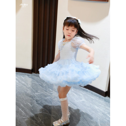 zkako知夏子女童泡泡袖連衣裙藍色艾莎夏款兒童洋氣蝴蝶結tutu裙