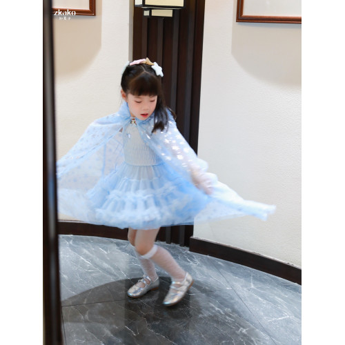 zkako知夏子女童泡泡袖連衣裙藍色艾莎夏款兒童洋氣蝴蝶結tutu裙