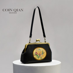CoinQian花鳥小方包經典復古天鵞絨口金包手拎女包中式包 黑色 藍