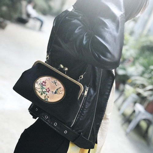 CoinQian花鳥小方包經典復古天鵞絨口金包手拎女包中式包 黑色 藍