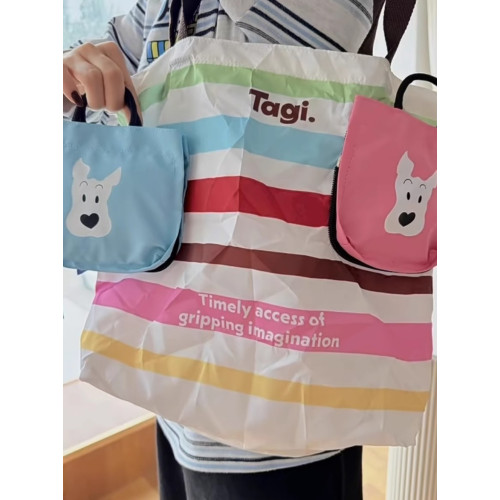 Tagi.新款哈哈/爆米花可攜式折曡大容量收縮包旅行袋抽繩收納袋女包