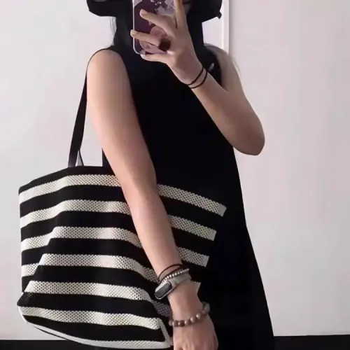 高級感黑白條紋托特包編織大容量單肩女包懶惰風輕便度假包購物袋