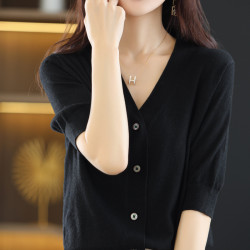2025新款夏季羊毛針織開衫女短袖外套v領打底衫寬松上衣外搭薄款