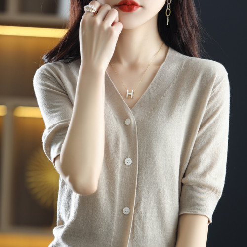 2025新款夏季羊毛針織開衫女短袖外套v領打底衫寬松上衣外搭薄款
