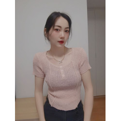 春夏韓版圓領不規則設計感針織短袖女修身顯瘦打底衫短款上衣INS