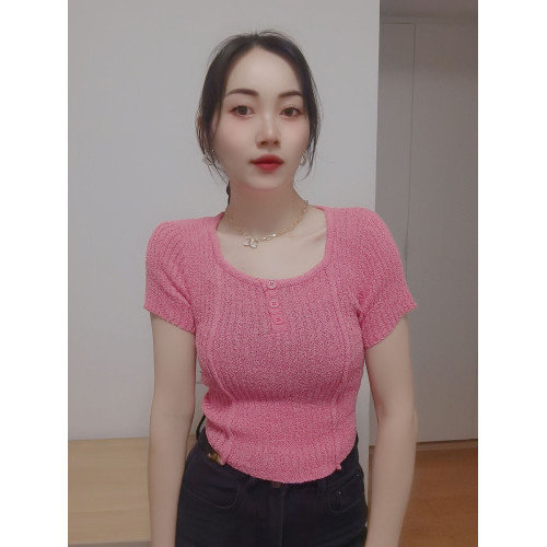 春夏韓版圓領不規則設計感針織短袖女修身顯瘦打底衫短款上衣INS