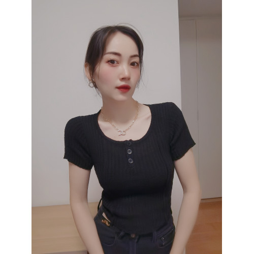 春夏韓版圓領不規則設計感針織短袖女修身顯瘦打底衫短款上衣INS